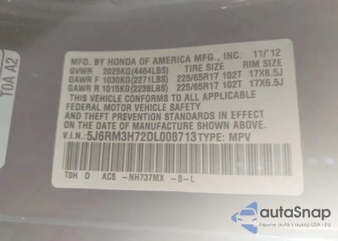 2013 Honda Cr-V Ex-L from USA, damaged, VIN 5J6RM3H72DL008713